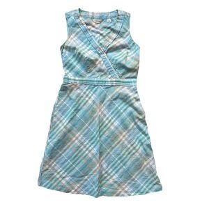 LL Bean Sleeveless A Line Dress Size 6 Madras Plaid Linen Cotton Blue Green Wrap